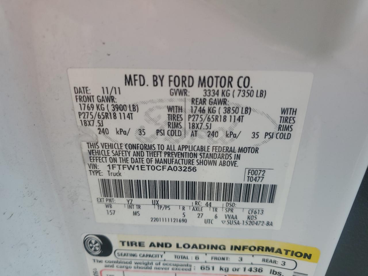 2012 Ford F150 Supercrew VIN: 1FTFW1ET0CFA03256 Lot: 67994545