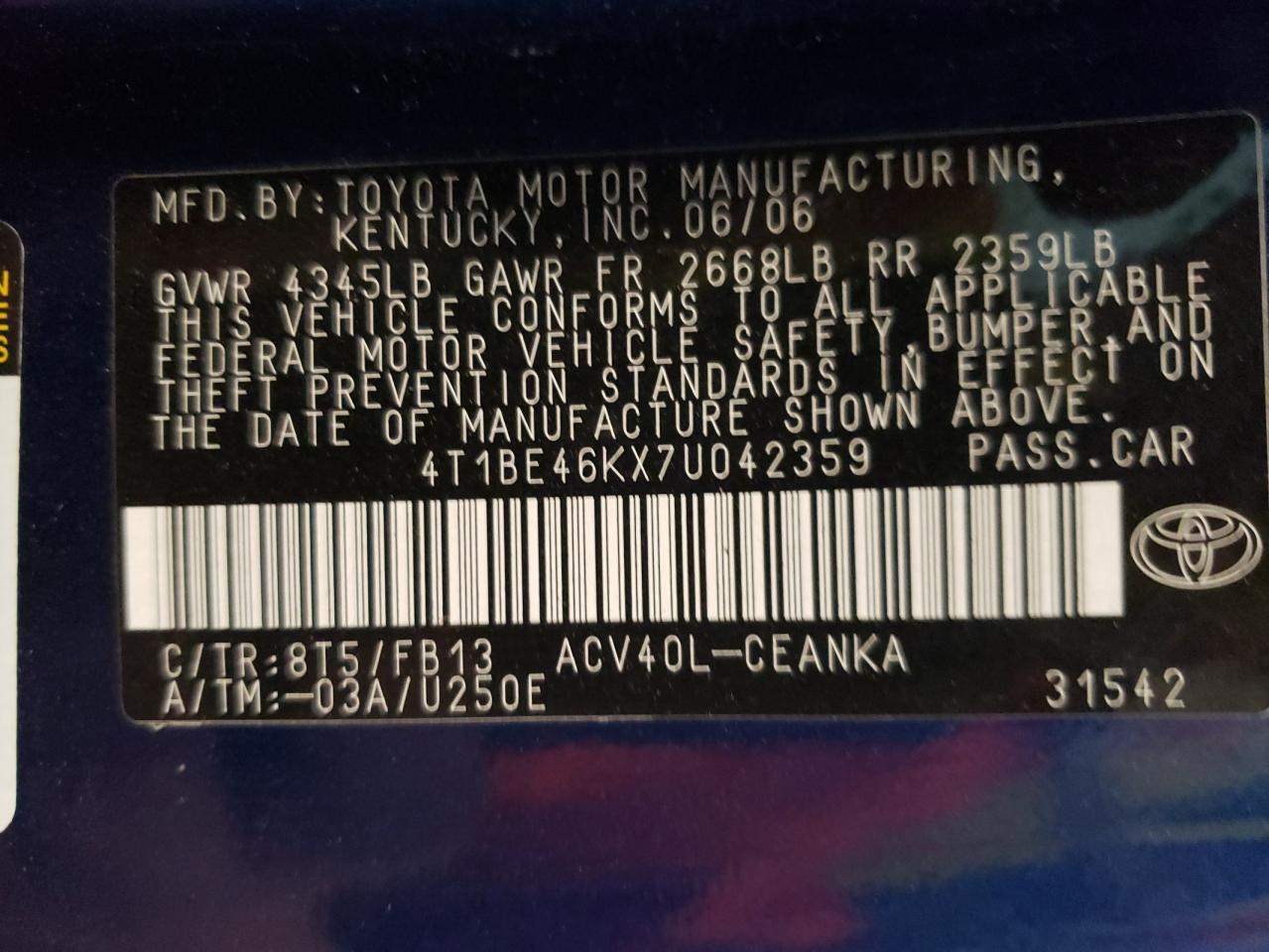 2007 Toyota Camry Ce VIN: 4T1BE46KX7U042359 Lot: 69650345