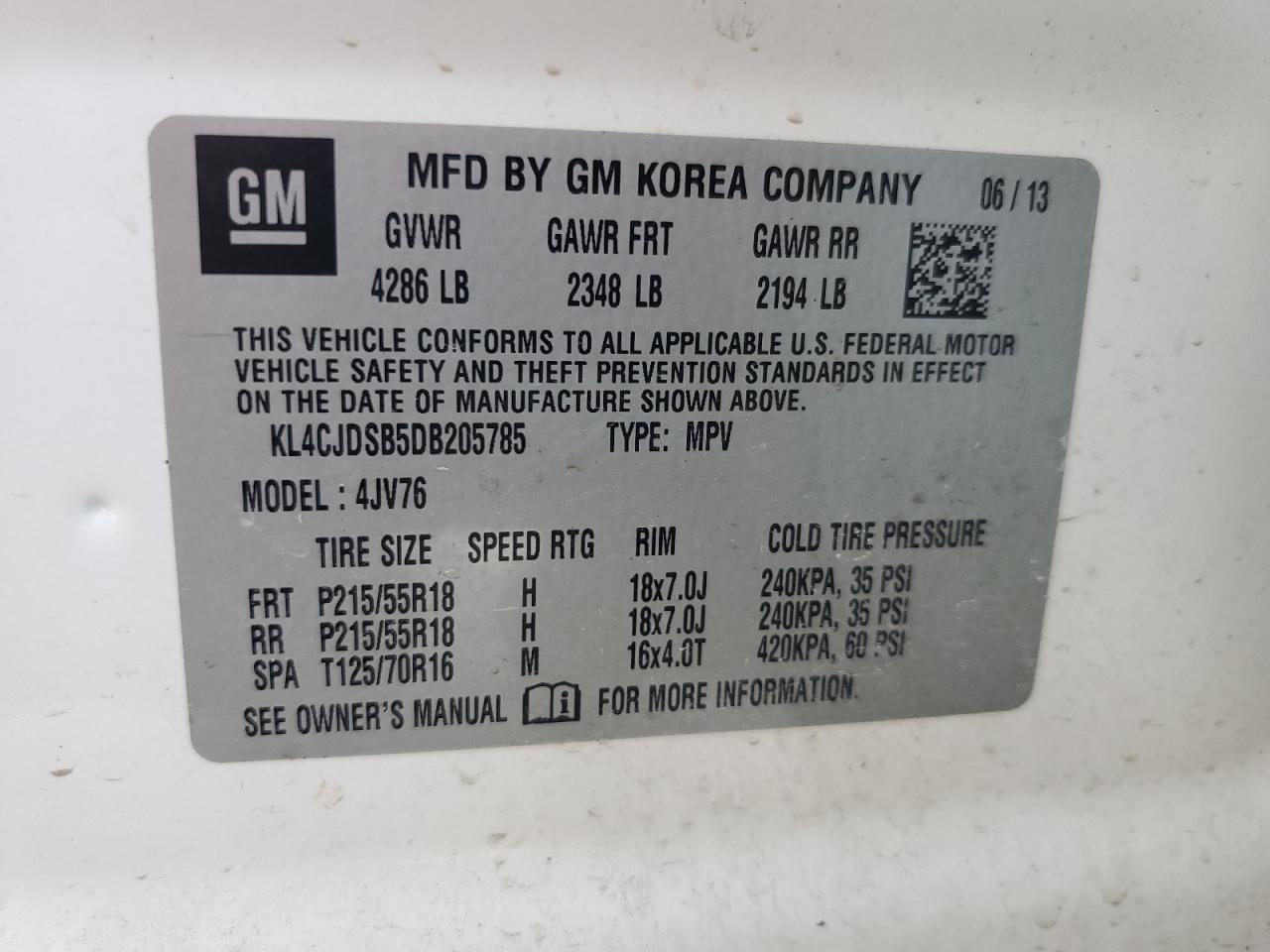 2013 Buick Encore Premium VIN: KL4CJDSB5DB205785 Lot: 68109225