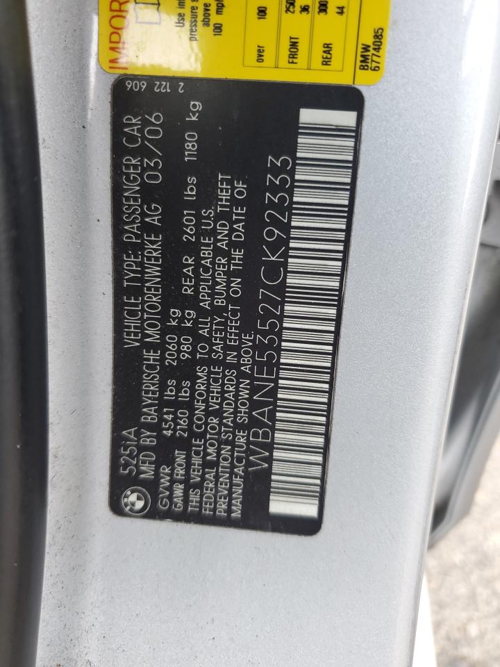 2007 BMW 525 I VIN: WBANE53527CK92333 Lot: 68646645