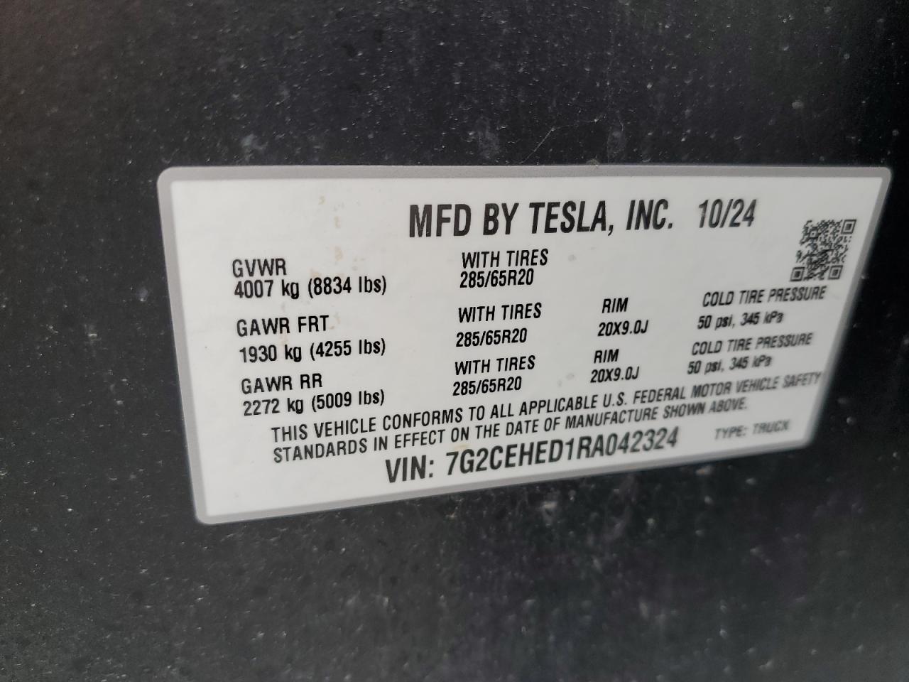 2024 Tesla Cybertruck VIN: 7G2CEHED1RA042324 Lot: 69215125