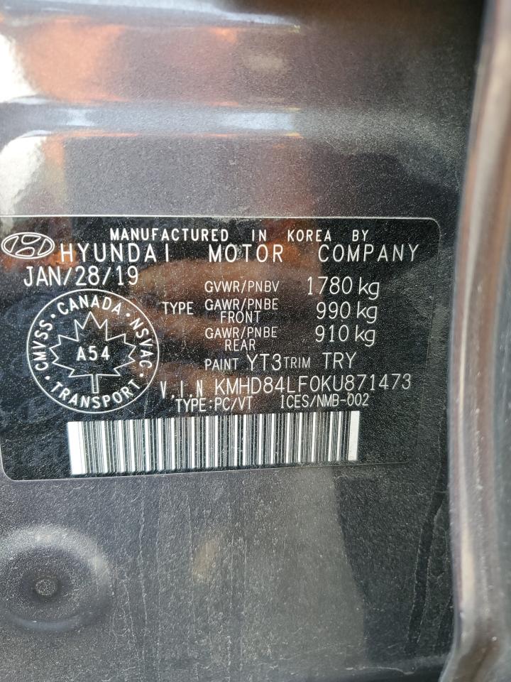 2019 Hyundai Elantra Sel VIN: KMHD84LF0KU871473 Lot: 67080325