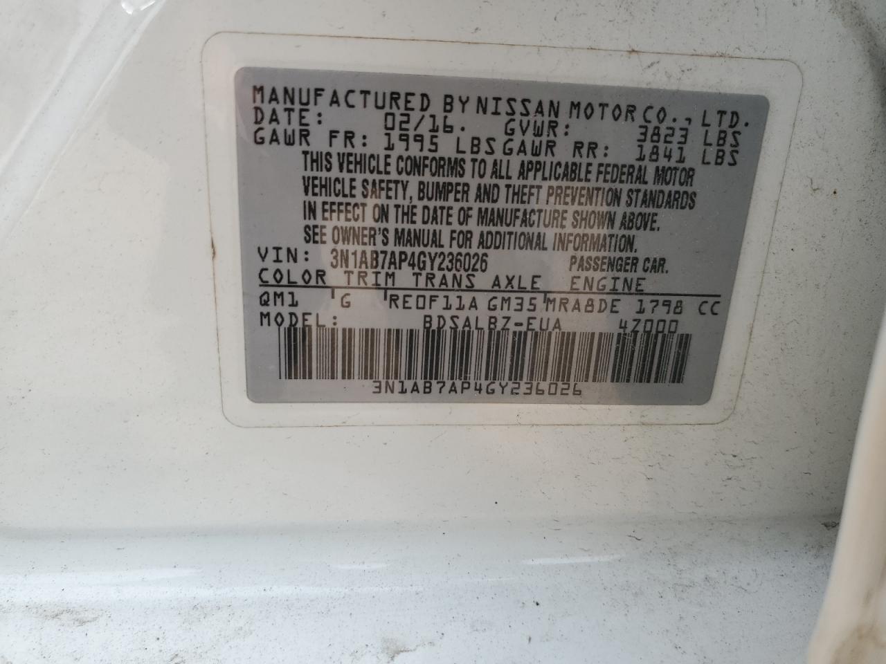 2016 Nissan Sentra S VIN: 3N1AB7AP4GY236026 Lot: 67710785