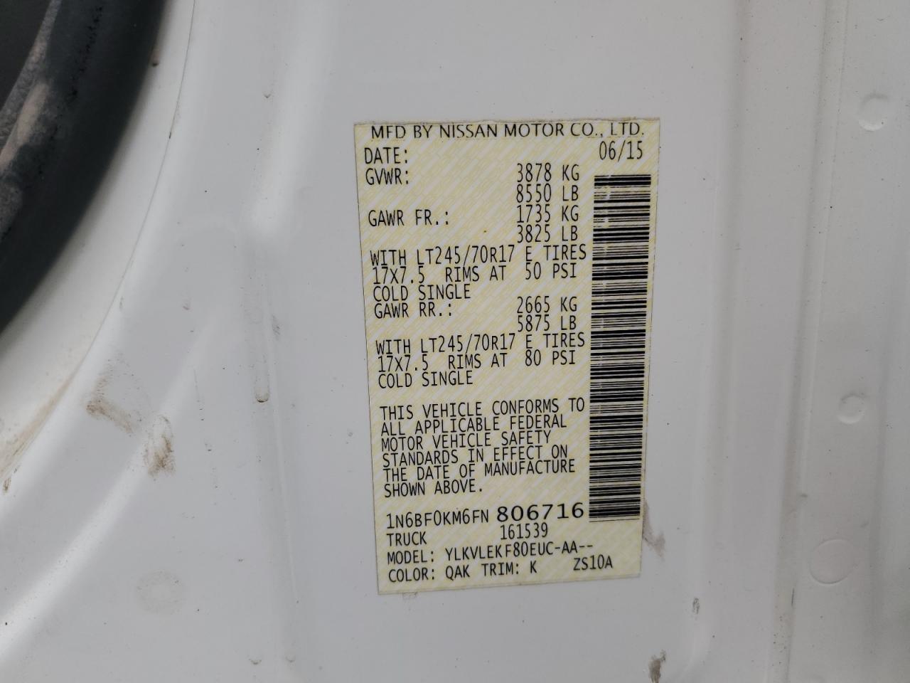 2015 Nissan Nv 1500 VIN: 1N6BF0KM6FN806716 Lot: 68759305