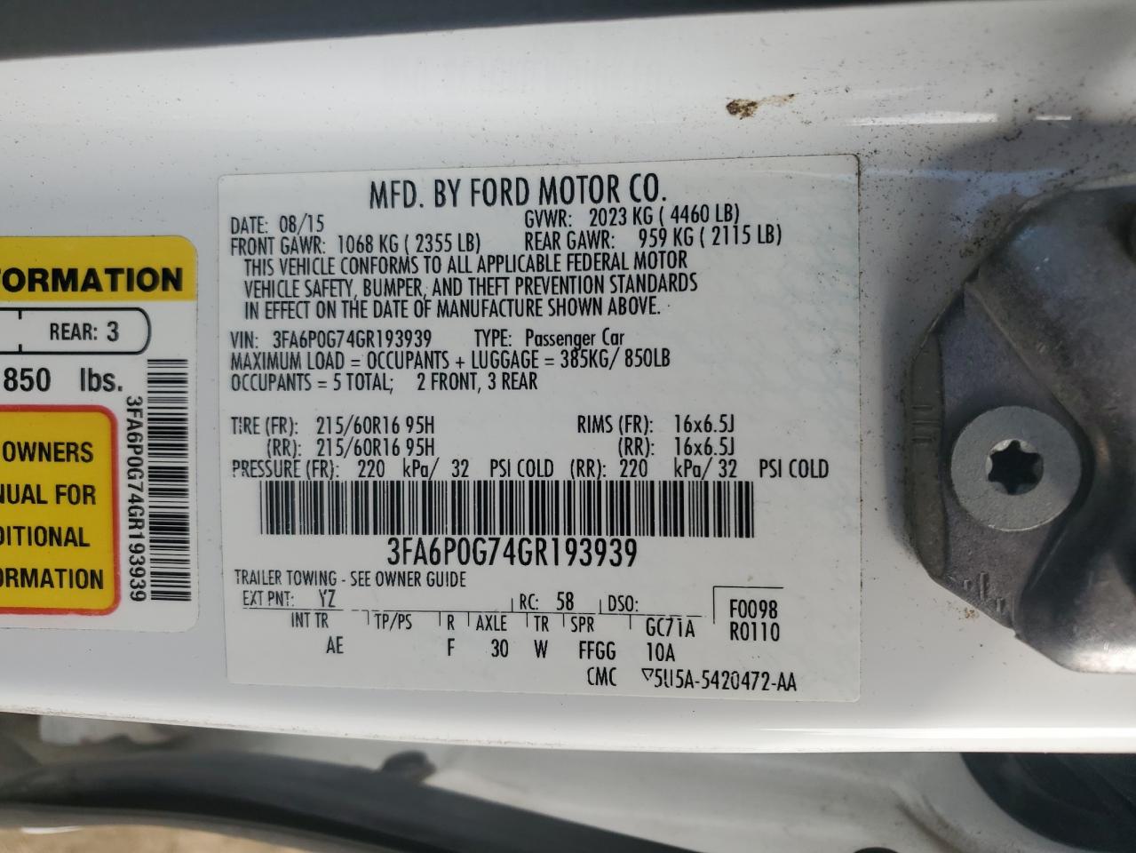 2016 Ford Fusion S VIN: 3FA6P0G74GR193939 Lot: 69732655