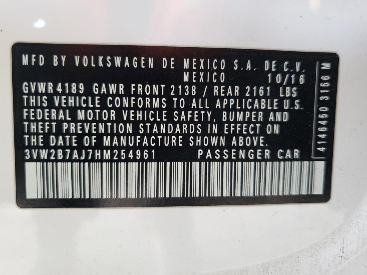 2017 Volkswagen Jetta S VIN: 3VW2B7AJ7HM254961 Lot: 69484195