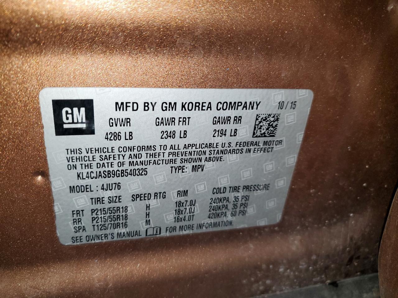 2016 Buick Encore VIN: KL4CJASB9GB540325 Lot: 69315145