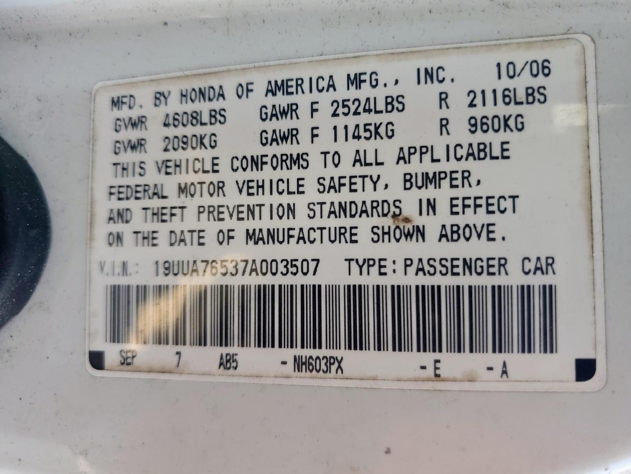 2007 Acura Tl Type S VIN: 19UUA76537A03508 Lot: 68451995