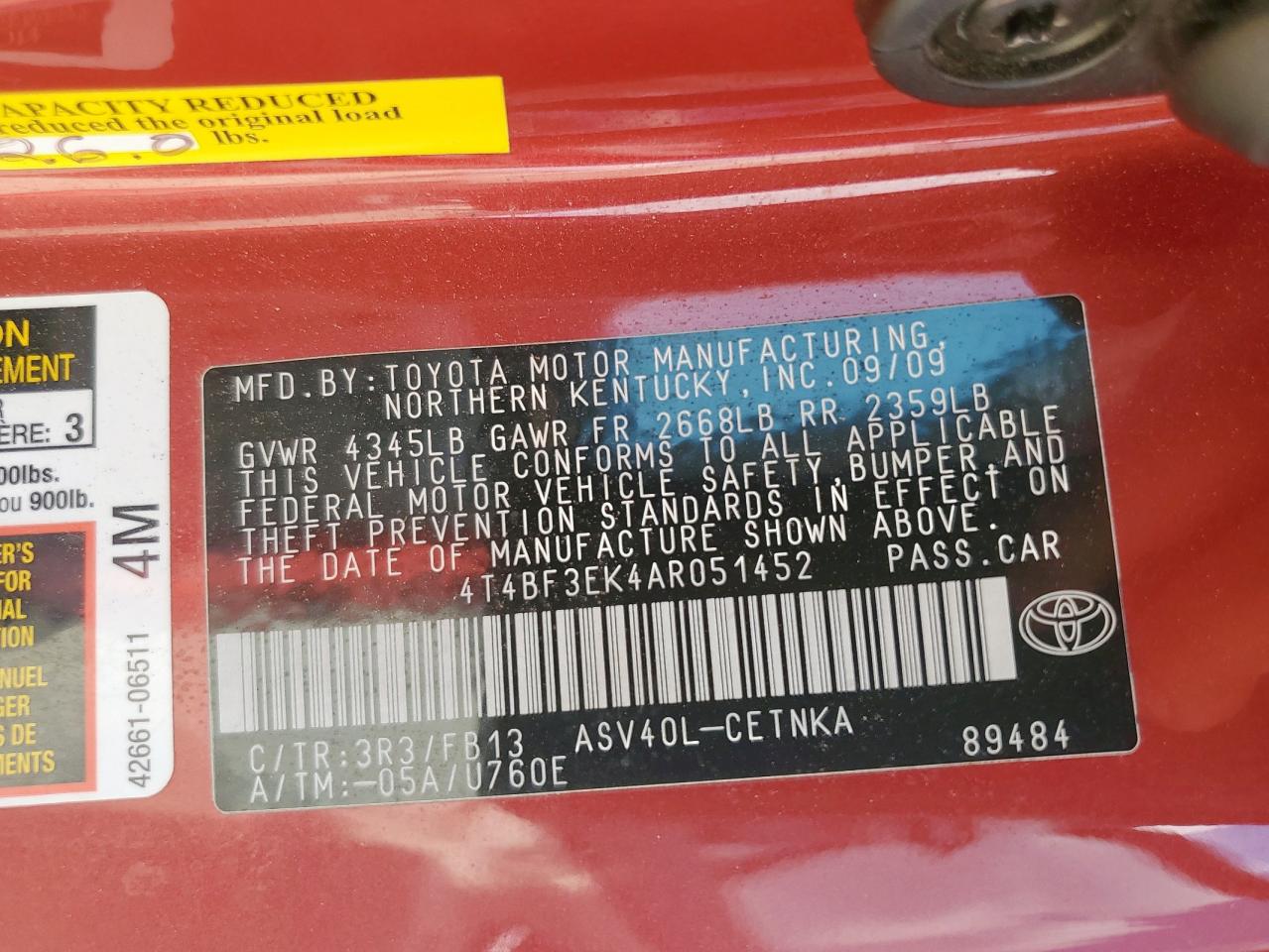 2010 Toyota Camry Base VIN: 4T4BF3EK4AR051452 Lot: 70451725