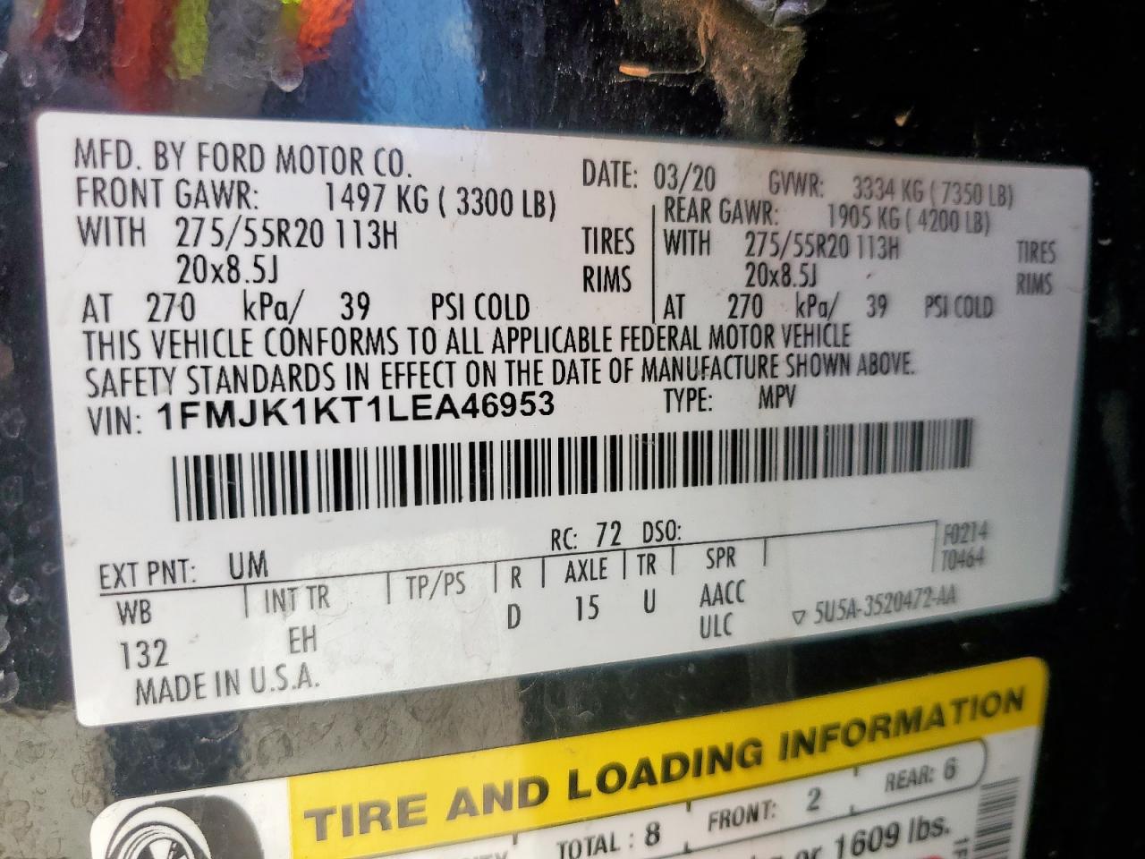 2020 Ford Expedition Max Limited VIN: 1FMJK1KT1LEA46953 Lot: 69274325