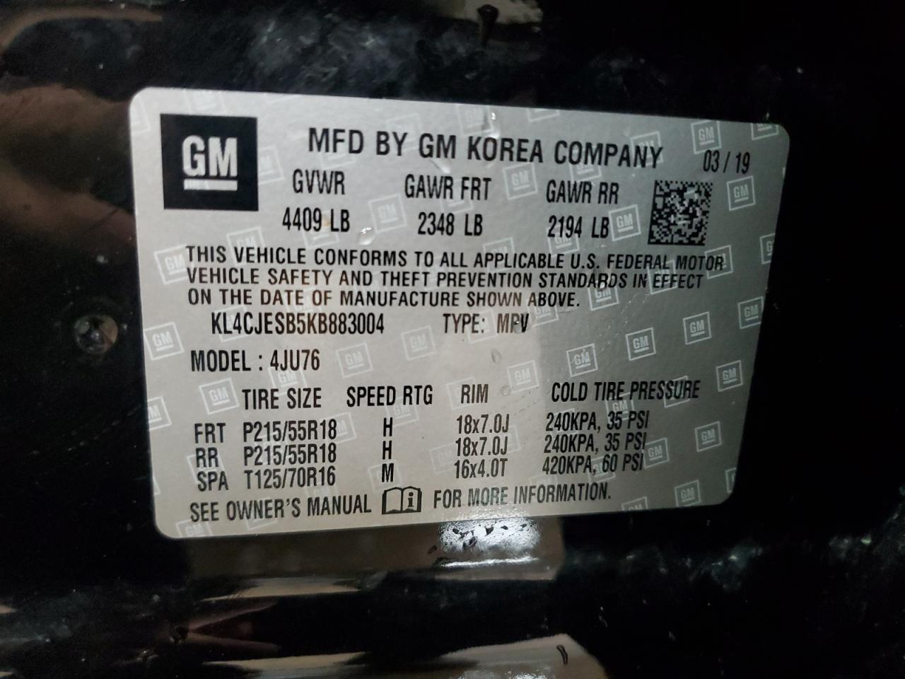 2019 Buick Encore Preferred VIN: KL4CJESB5KB883004 Lot: 70998405