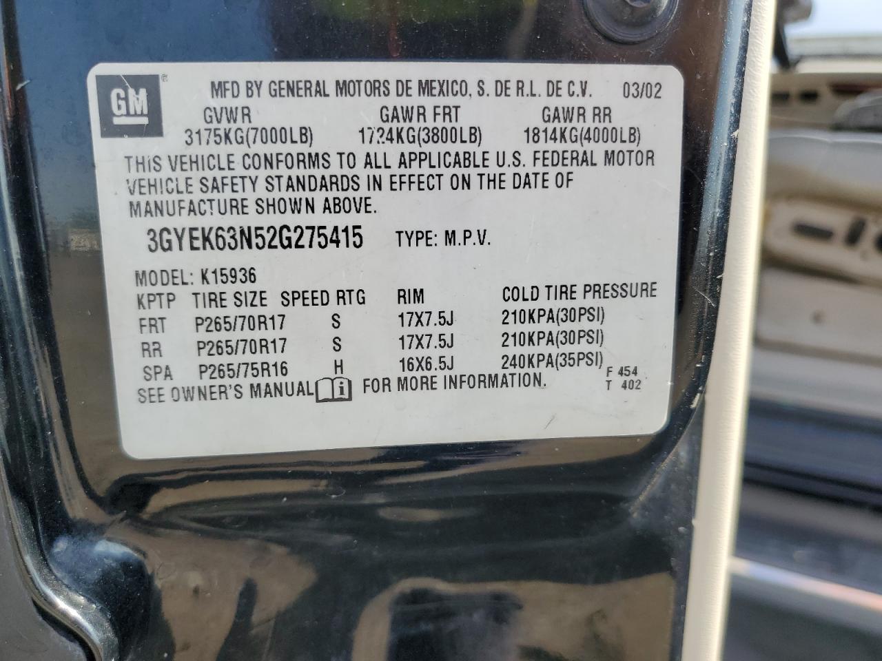 2002 Cadillac Escalade Ext VIN: 3GYEK63N52G275415 Lot: 70503665