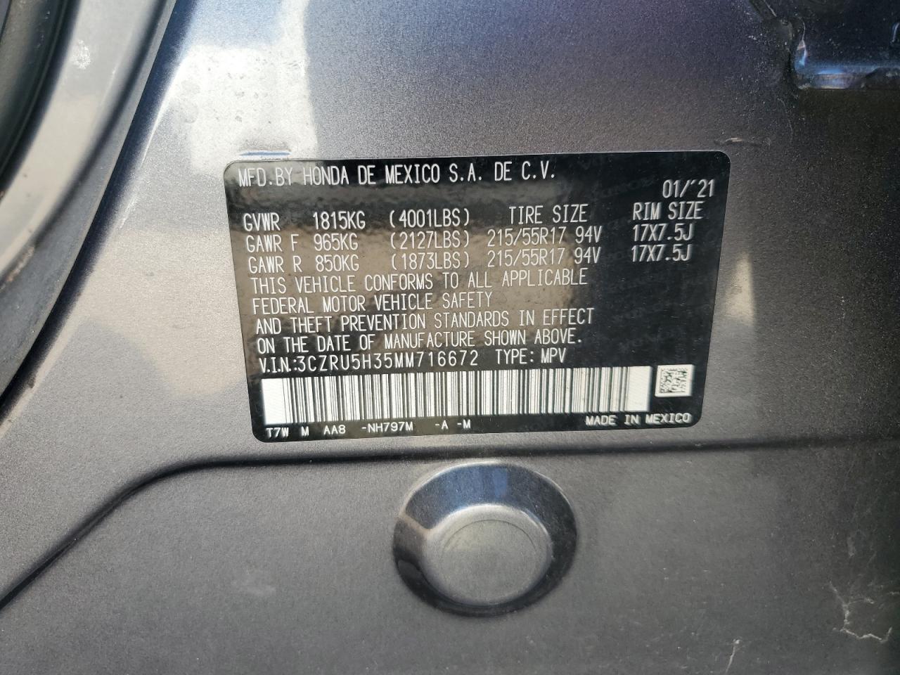 2021 Honda Hr-V Lx VIN: 3CZRU5H35MM716672 Lot: 69842495