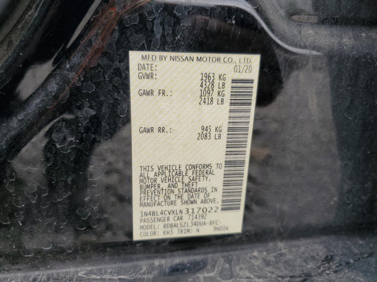 2020 Nissan Altima Sr VIN: 1N4BL4CVXLN317022 Lot: 68638165