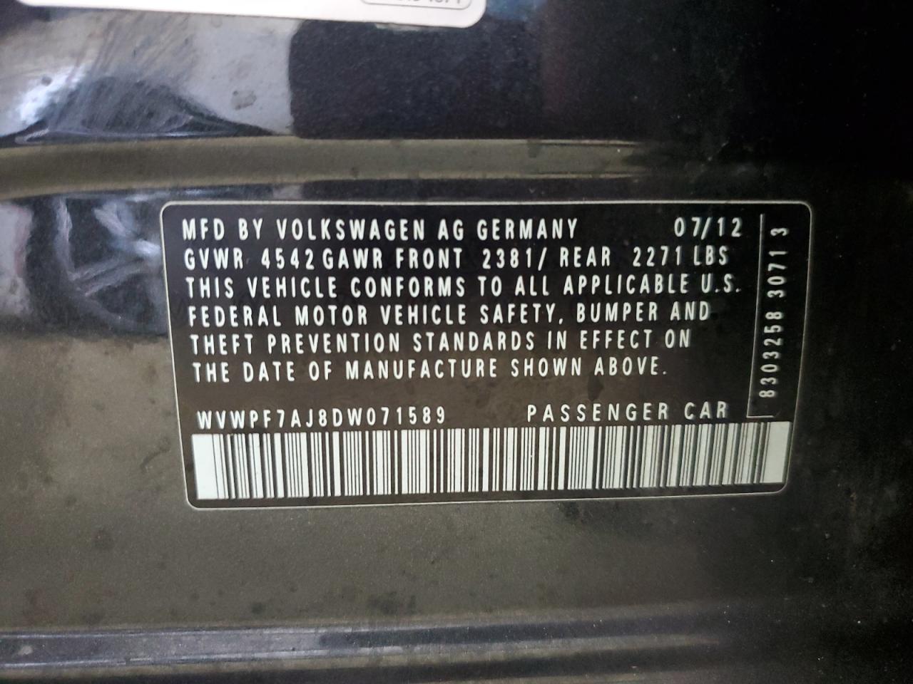 2013 Volkswagen Golf R VIN: WVWPF7AJ8DW071589 Lot: 70950765