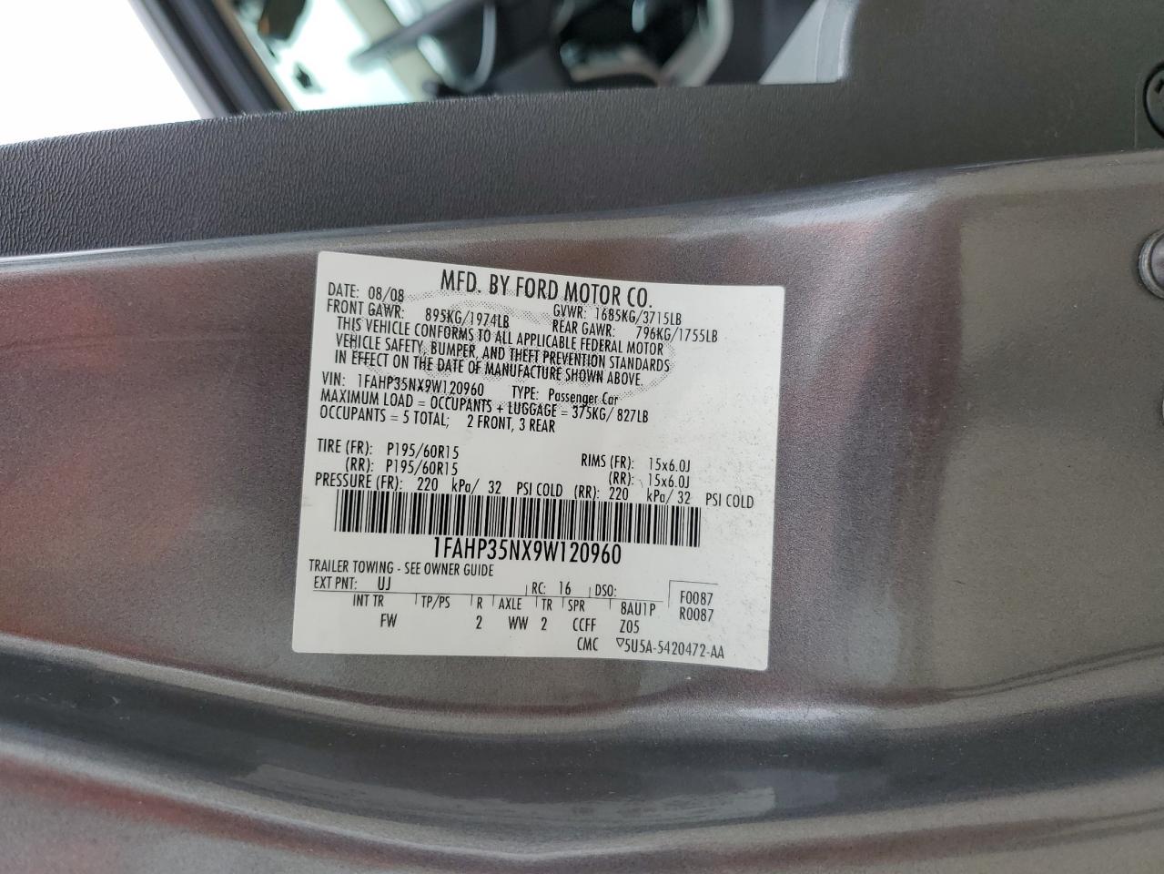 2009 Ford Focus Se VIN: 1FAHP35NX9W120960 Lot: 84729475