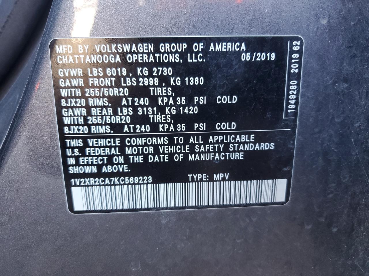 2019 Volkswagen Atlas Se VIN: 1V2XR2CA7KC569223 Lot: 69936895