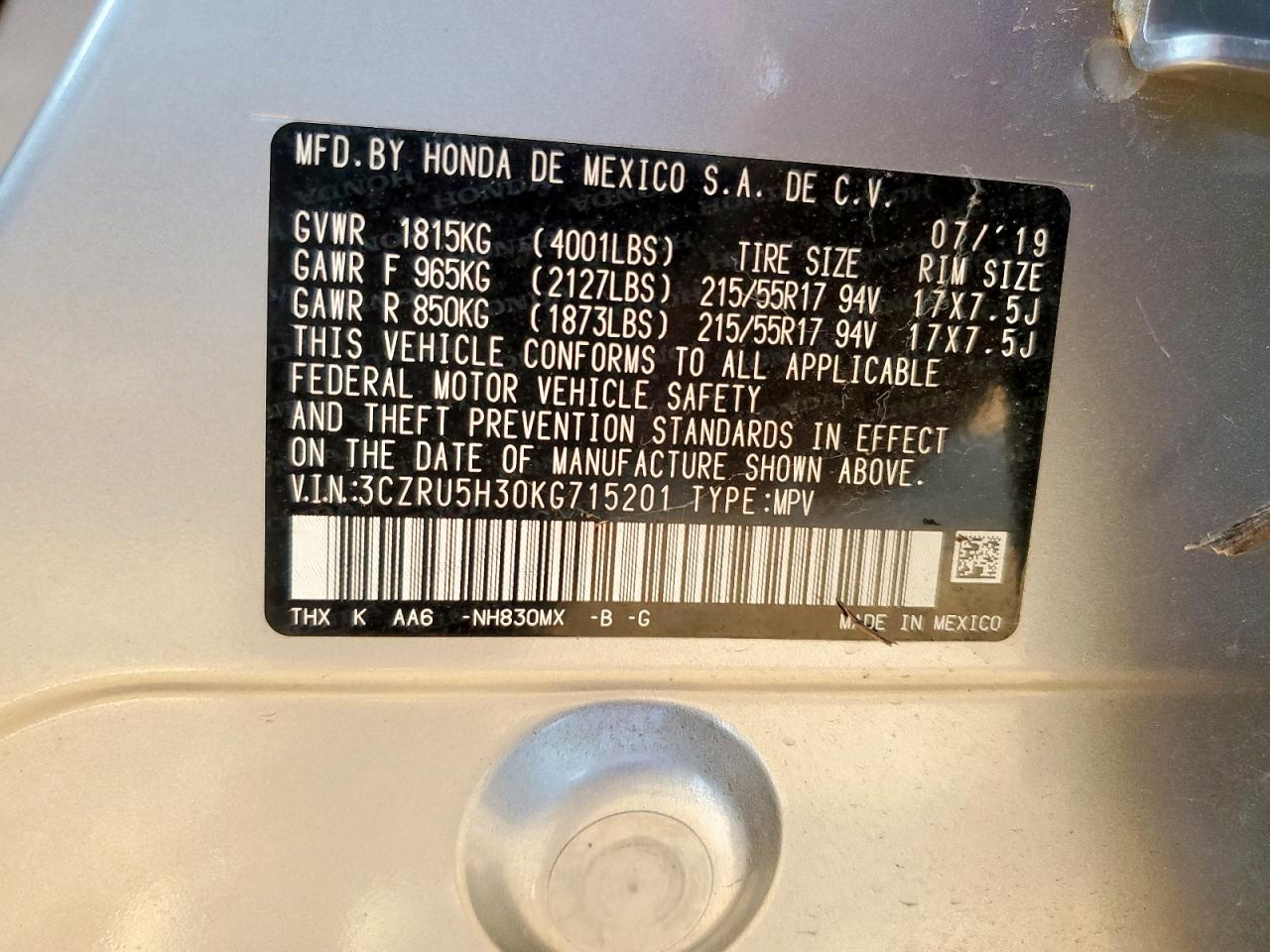 2019 Honda Hr-V Lx VIN: 3CZRU5H30KG715201 Lot: 68918005