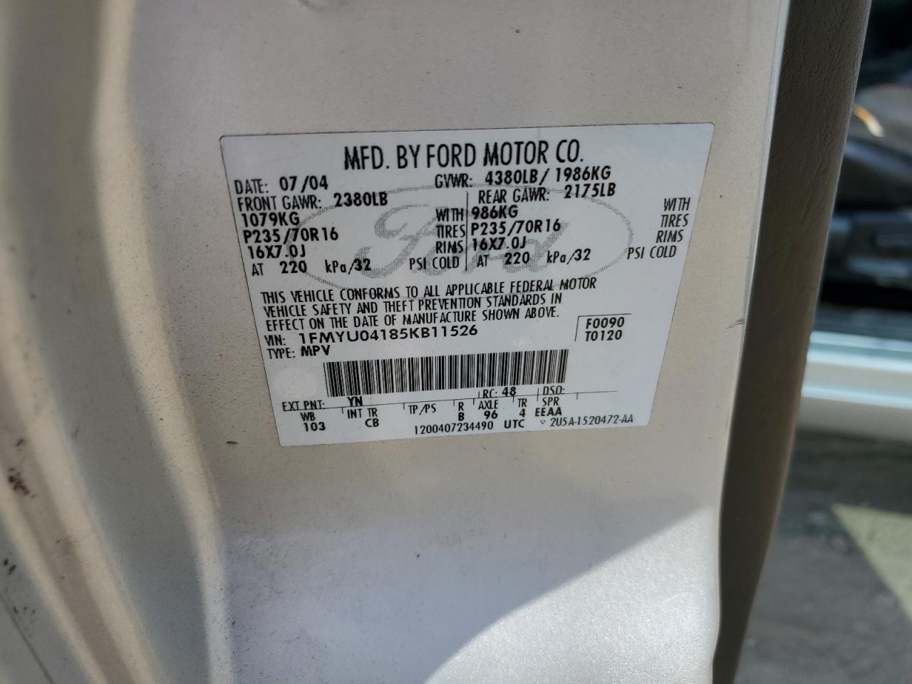 2005 Ford Escape Limited VIN: 1FMYU04185KB11526 Lot: 69406535