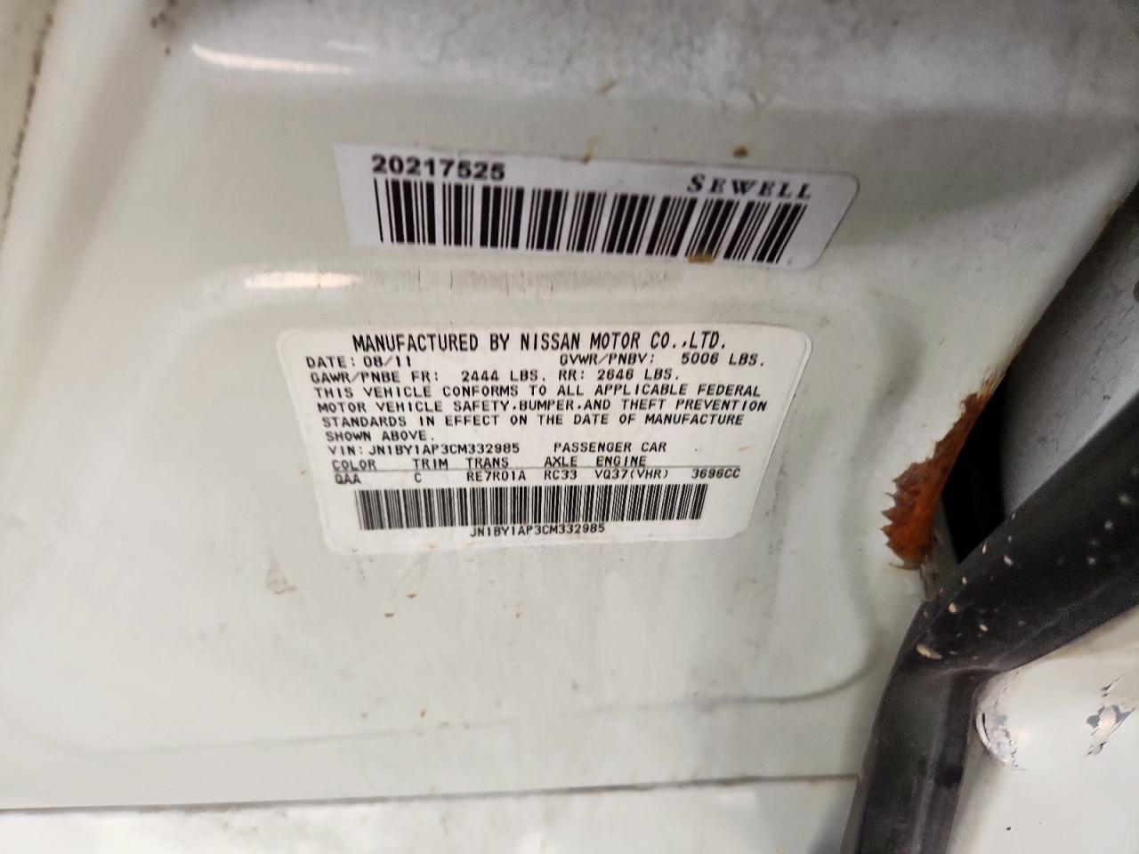 2012 Infiniti M37 VIN: JN1BY1AP3CM332985 Lot: 69500085