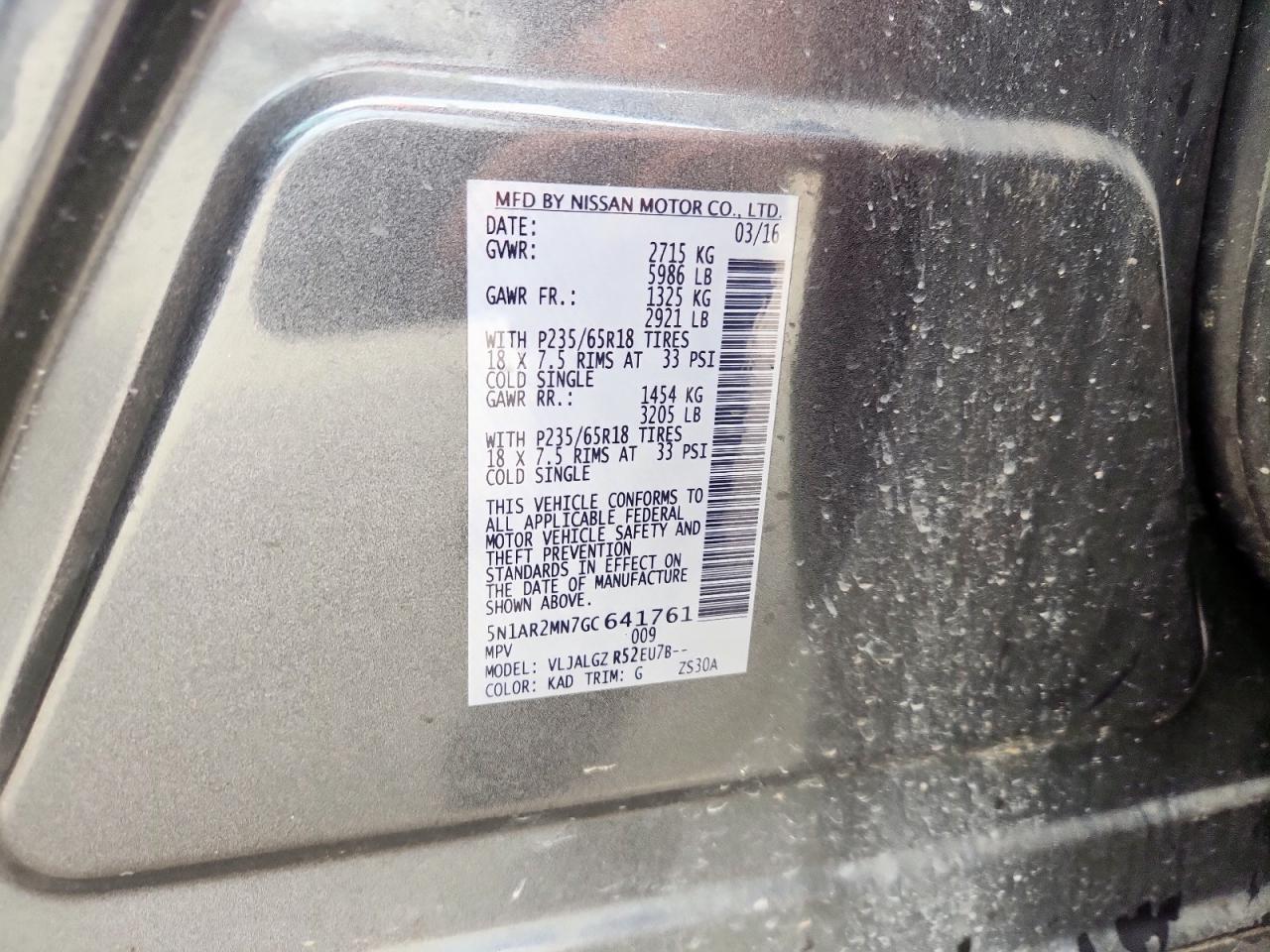 2016 Nissan Pathfinder S VIN: 5N1AR2MN7GC641761 Lot: 69354075