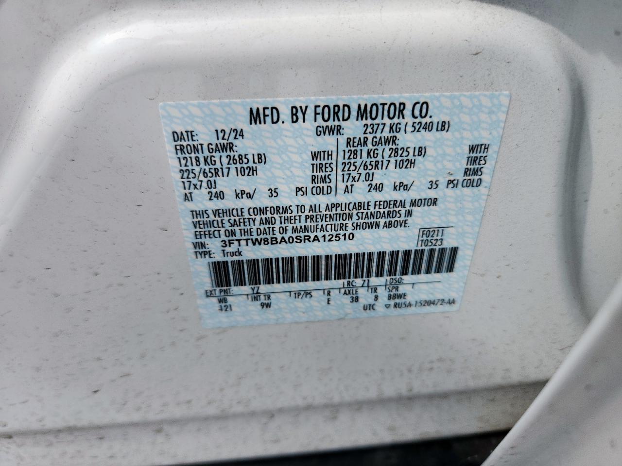 2025 Ford Maverick Xl VIN: 3FTTW8BA0SRA12510 Lot: 68732975