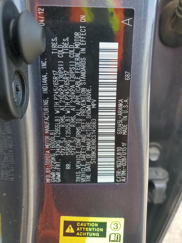 2012 Toyota Highlander Base VIN: 5TDBK3EH8CS145663 Lot: 70490145