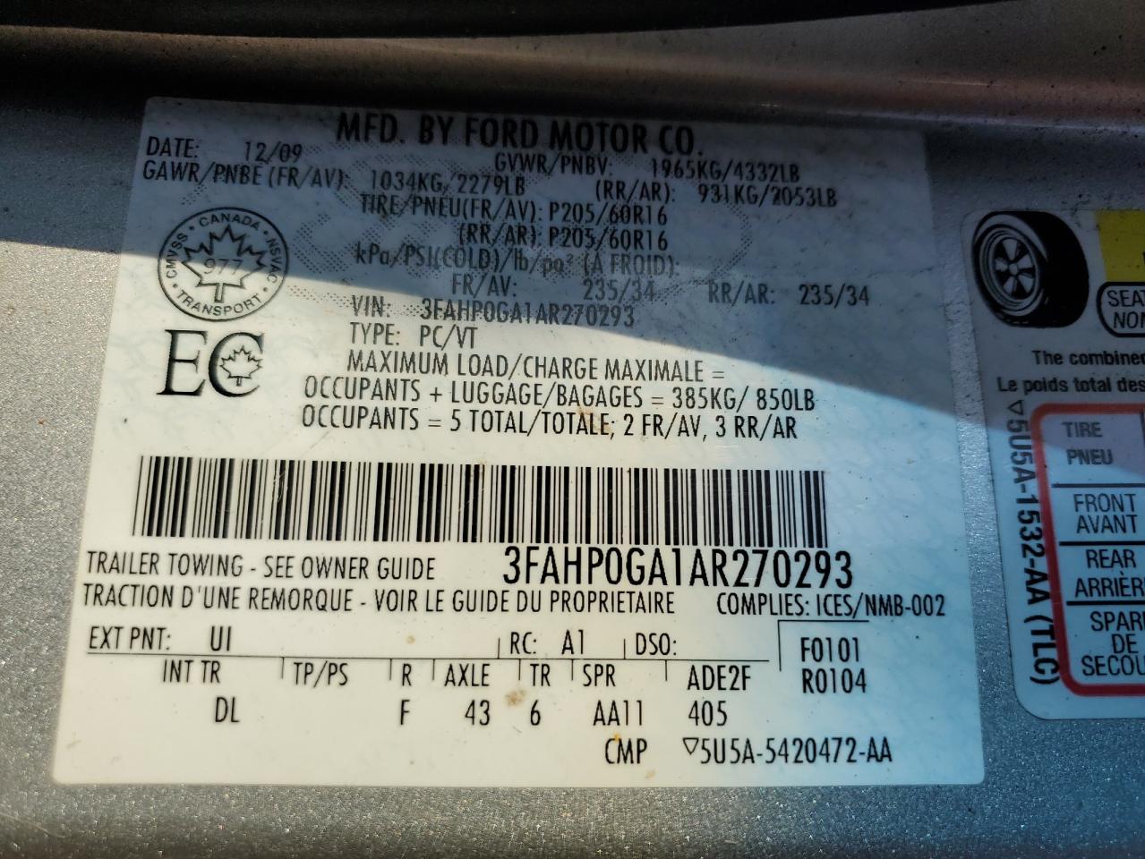 2010 Ford Fusion S VIN: 3FAHP0GA1AR270293 Lot: 68814575