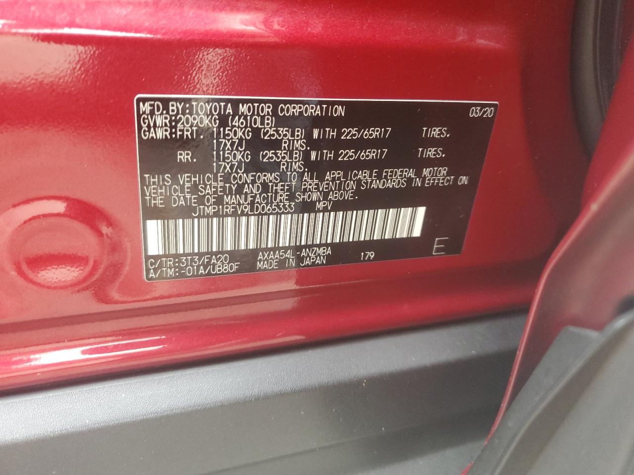 2020 Toyota Rav4 Xle VIN: JTMP1RFV9LD065333 Lot: 68467935