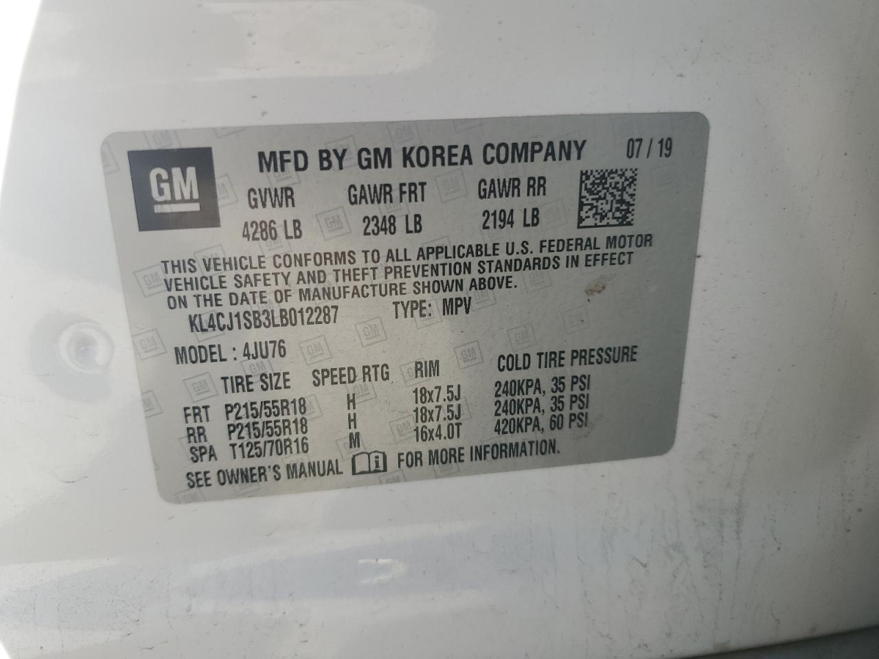 2020 Buick Encore Sport Touring VIN: KL4CJ1SB3LB012287 Lot: 68818905