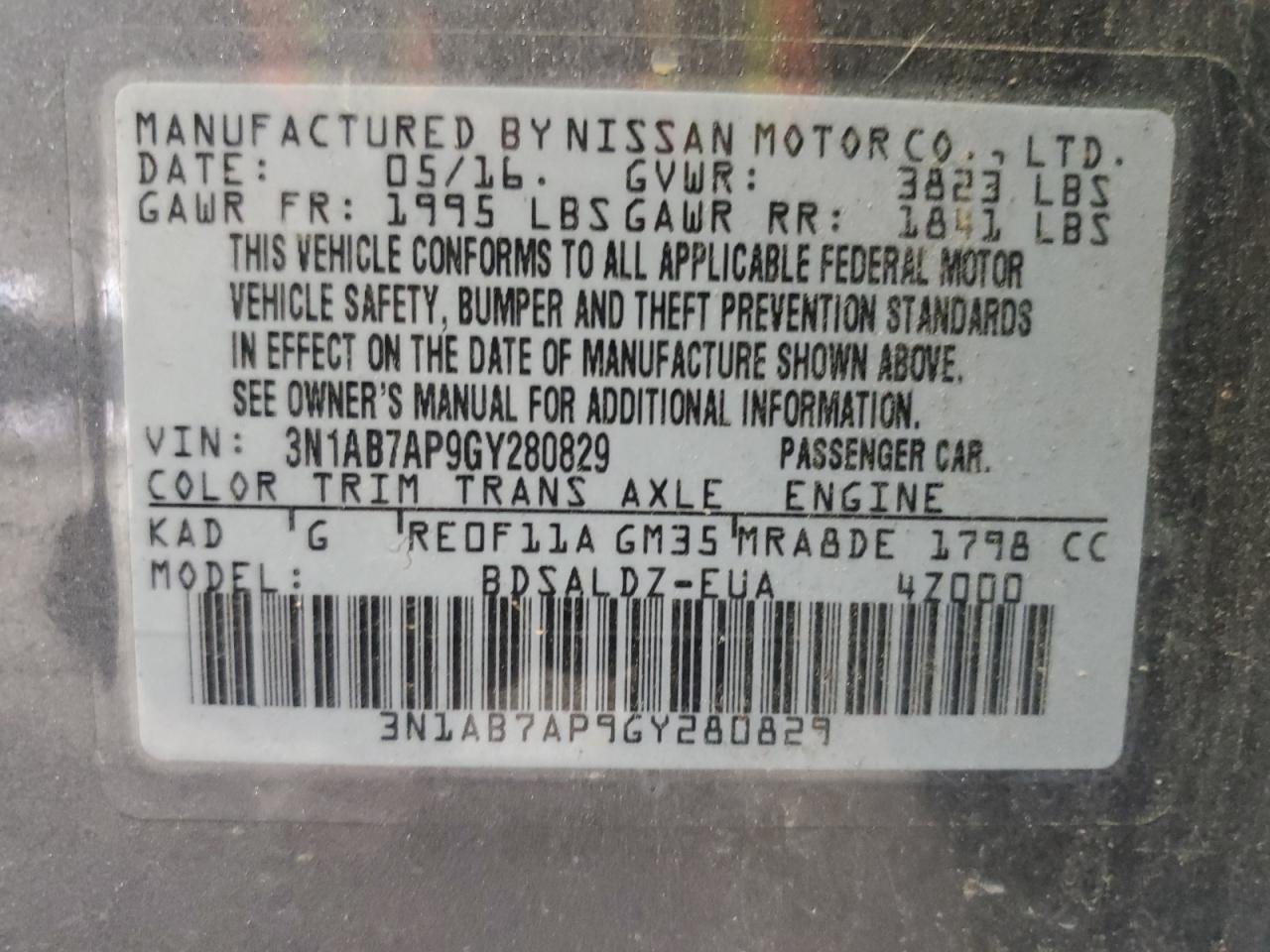 2016 Nissan Sentra S VIN: 3N1AB7AP9GY280829 Lot: 68335285