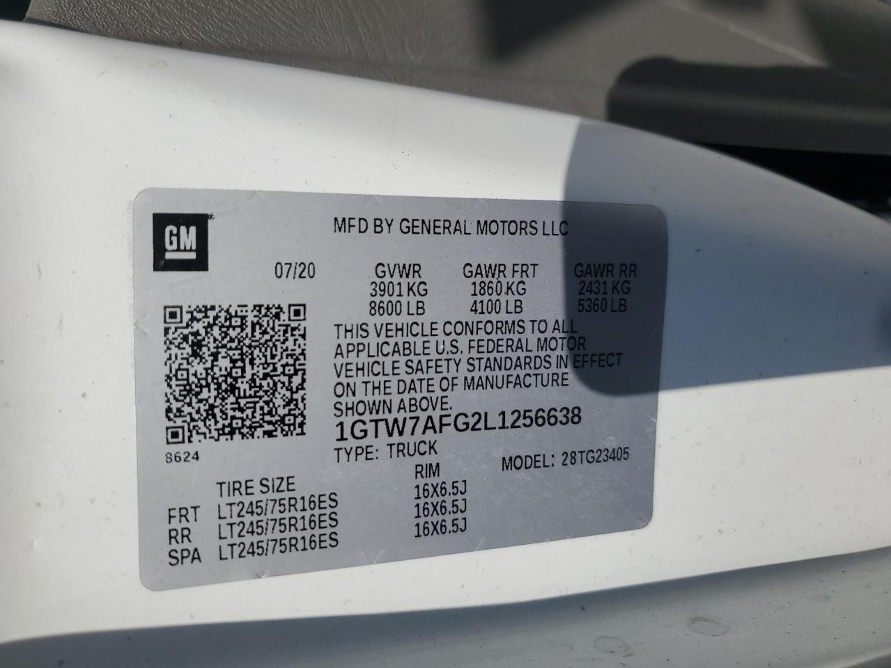 2020 GMC Savana G2500 VIN: 1GTW7AFG2L1256638 Lot: 68918525