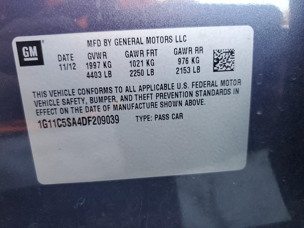 2013 Chevrolet Malibu 1Lt VIN: 1G11C5SA4DF209039 Lot: 68693775