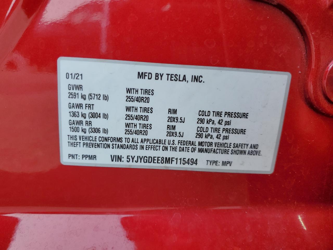 2021 Tesla Model Y VIN: 5YJYGDEE8MF115494 Lot: 67300765