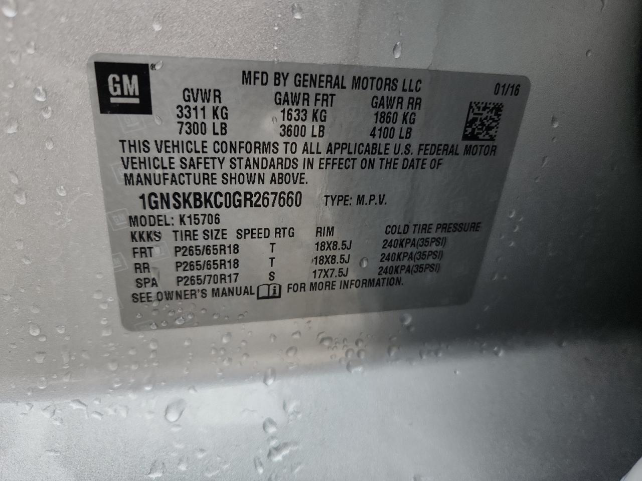 2016 Chevrolet Tahoe K1500 Lt VIN: 1GNSKBKC0GR267660 Lot: 69220505