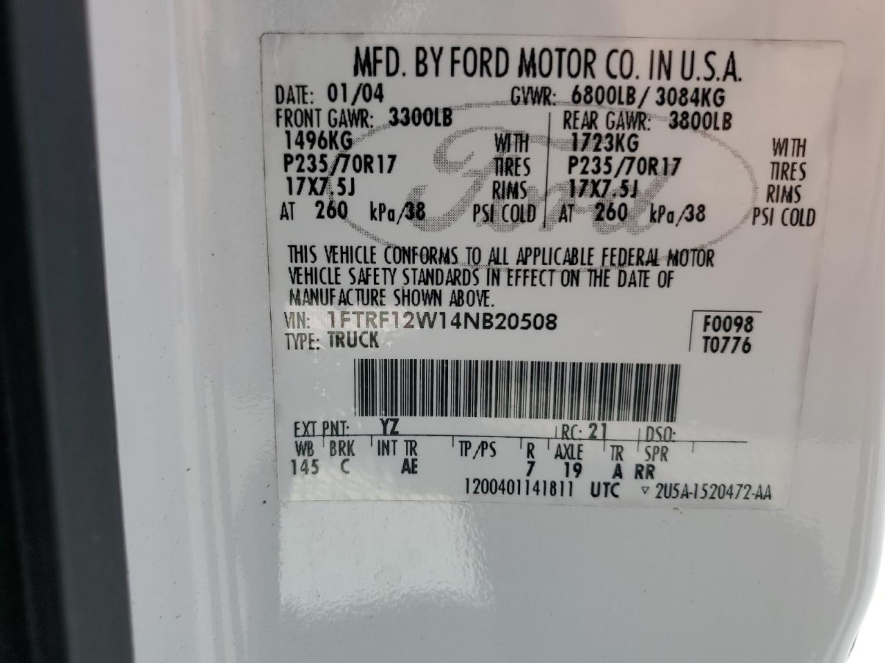 2004 Ford F150 VIN: 1FTRF12W14NB20508 Lot: 70721865