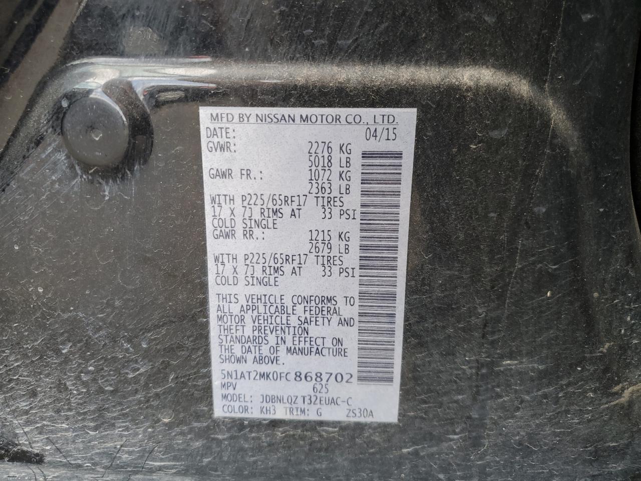 2015 Nissan Rogue S VIN: 5N1AT2MK0FC868702 Lot: 69868815