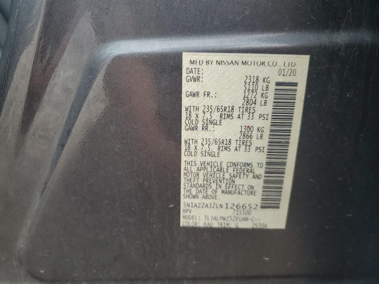 2020 Nissan Murano S VIN: 5N1AZ2AJ2LN126652 Lot: 68457625