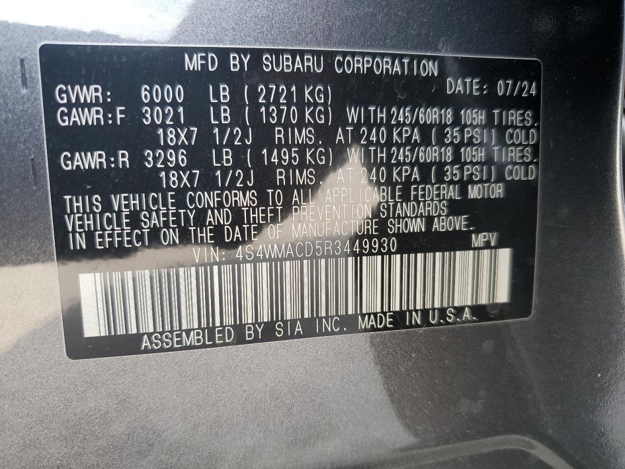 2024 Subaru Ascent Premium VIN: 4S4WMACD5R3449930 Lot: 67359815