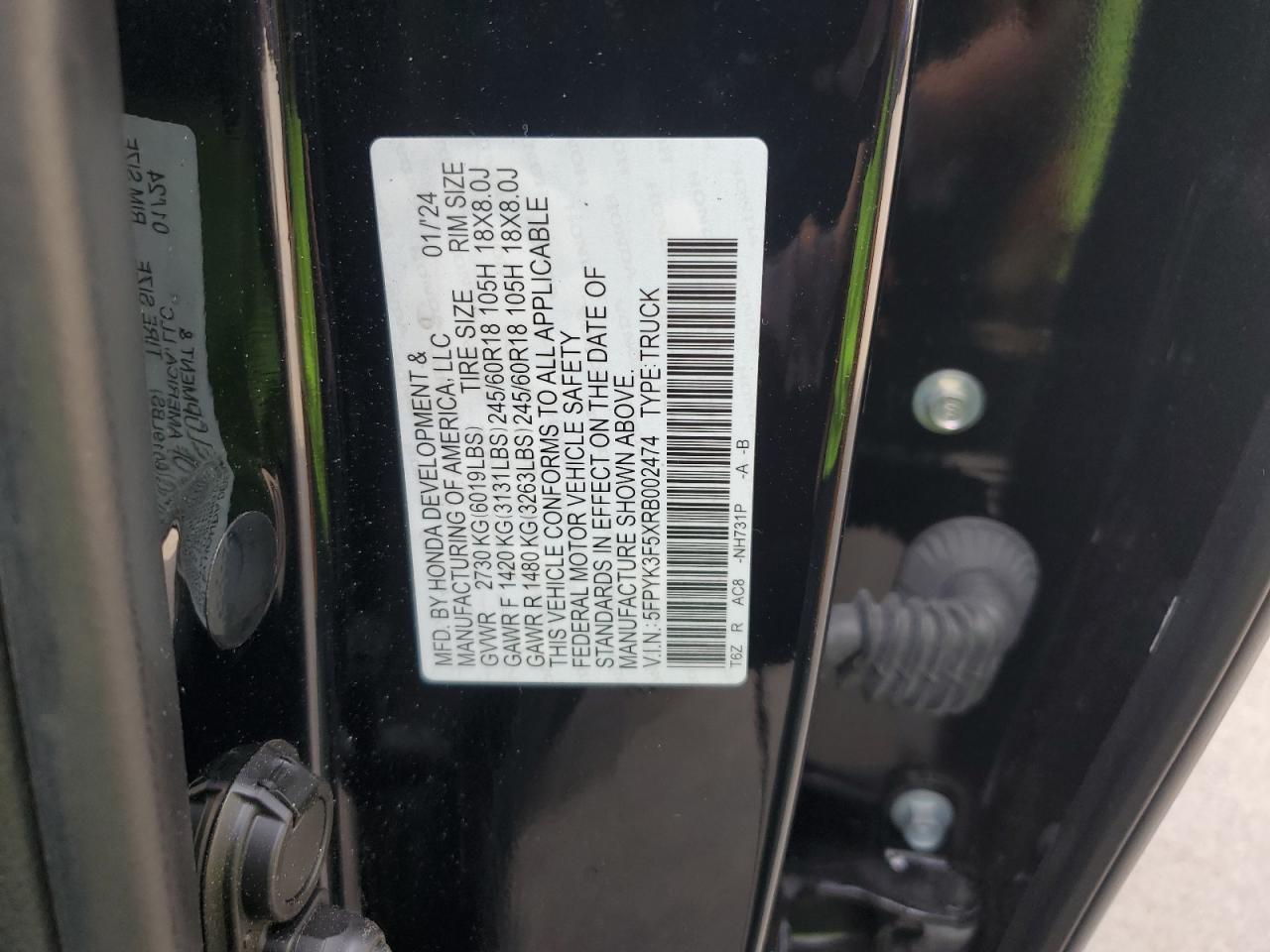 2024 Honda Ridgeline Rtl VIN: 5FPYK3F5XRB002474 Lot: 70501295