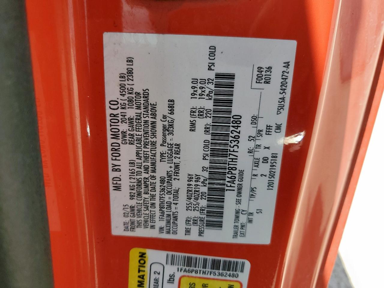 2015 Ford Mustang VIN: 1FA6P8TH7F5362480 Lot: 70110815