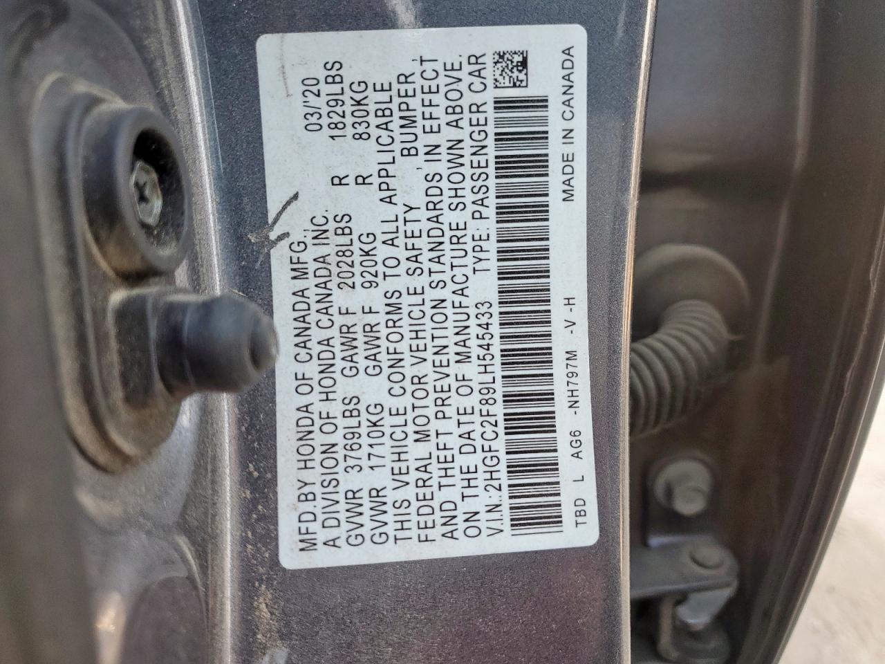 2020 Honda Civic Sport VIN: 2HGFC2F89LH545433 Lot: 66654055