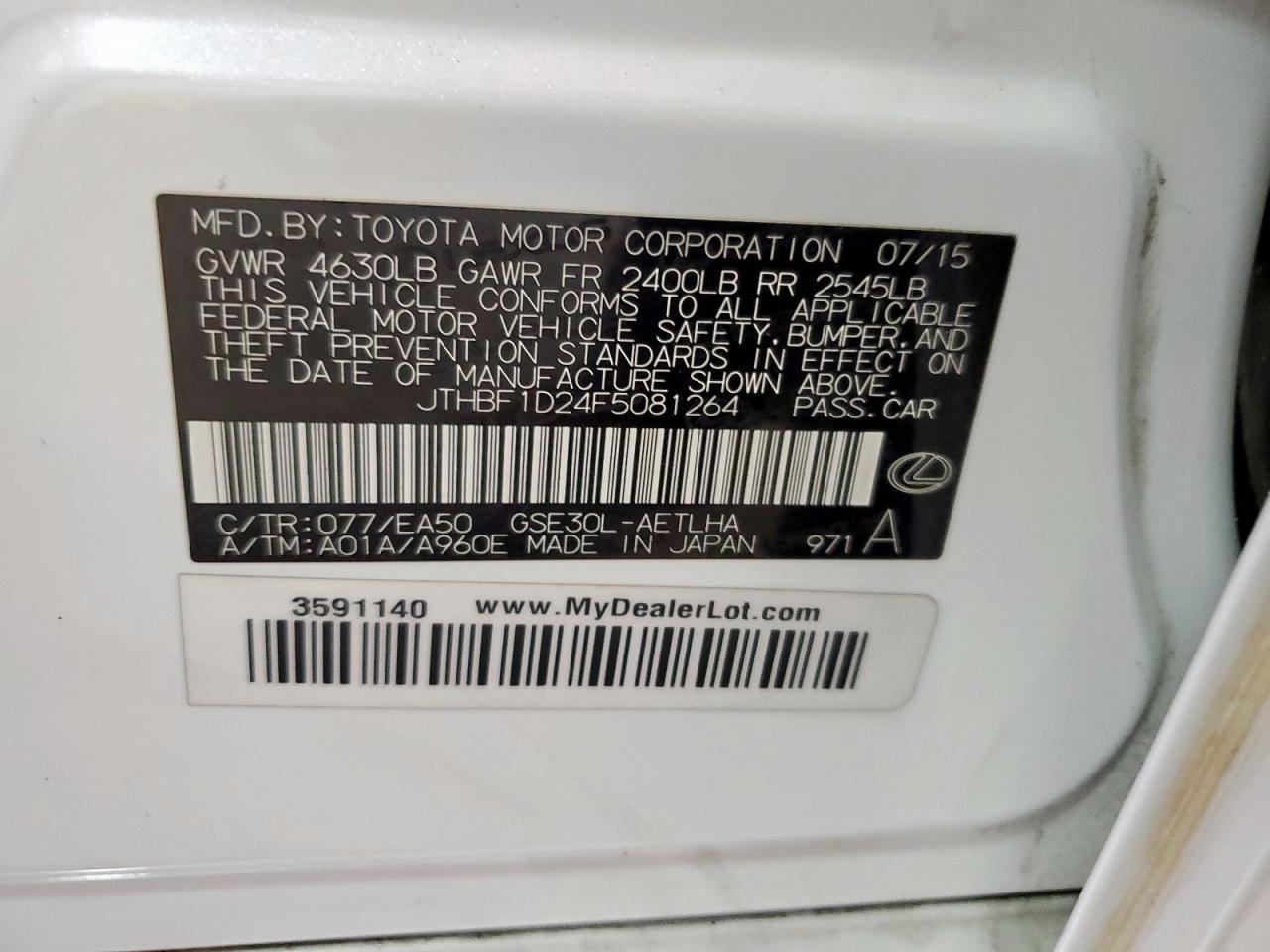 2015 Lexus Is 250 VIN: JTHBF1D24F5081264 Lot: 69157715