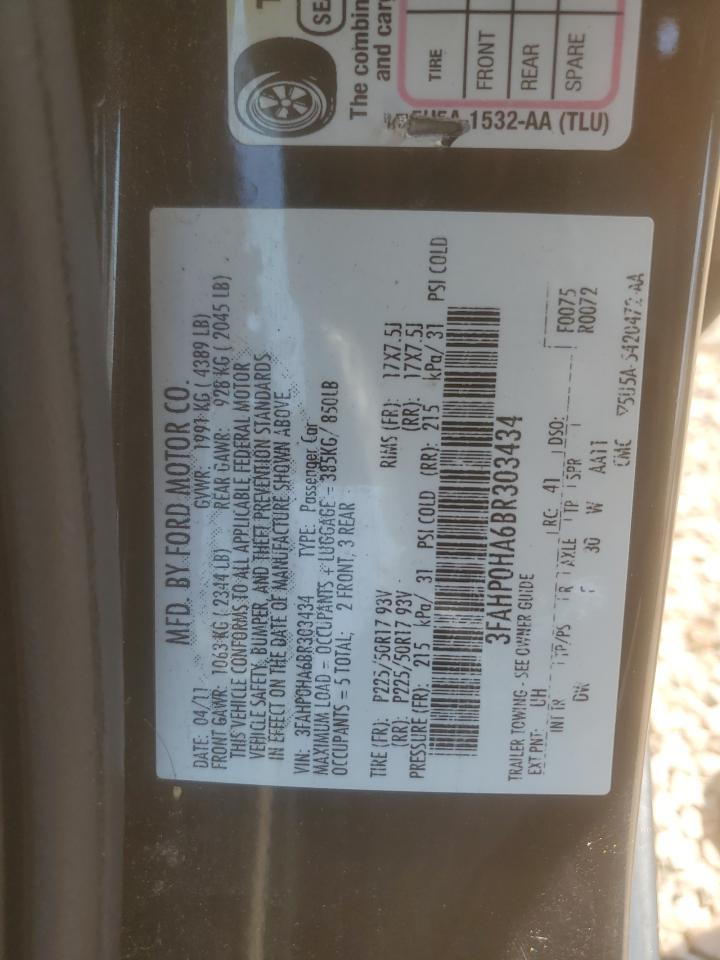 2011 Ford Fusion Se VIN: 3FAHP0HA6BR303434 Lot: 67136495