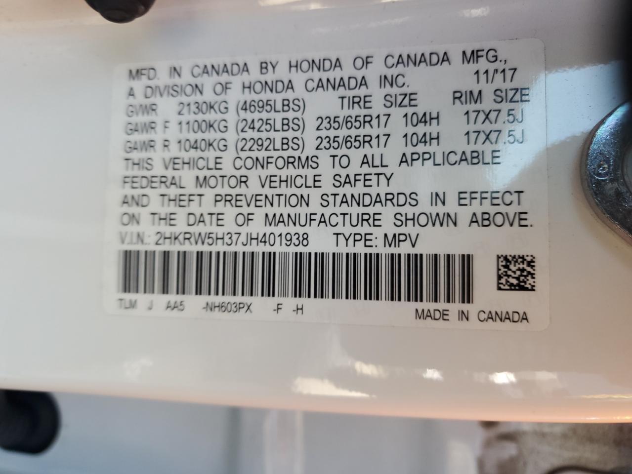 2018 Honda Cr-V Lx VIN: 2HKRW5H37JH401938 Lot: 71024885