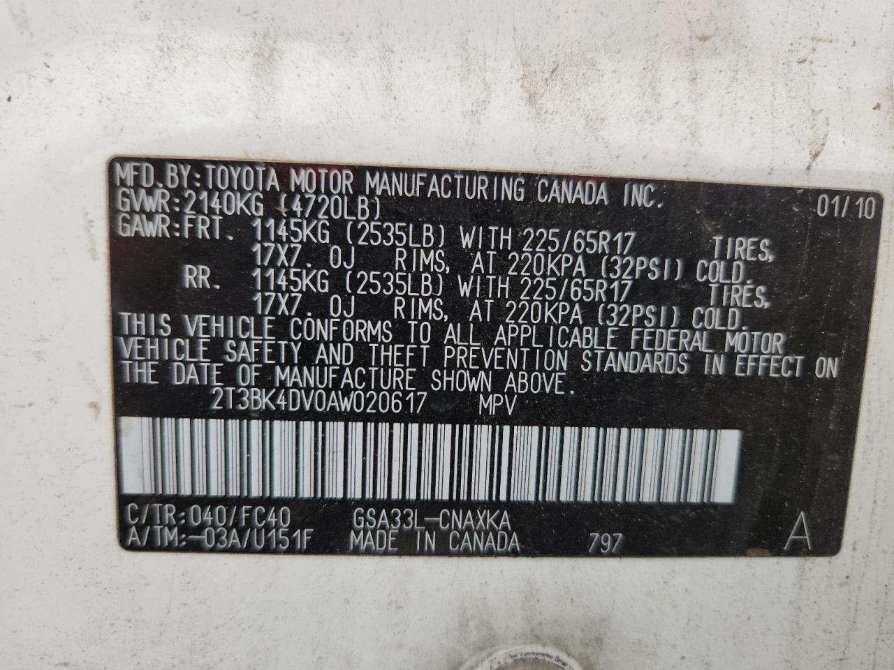 2010 Toyota Rav4 VIN: 2T3BK4DV0AW020617 Lot: 70358035