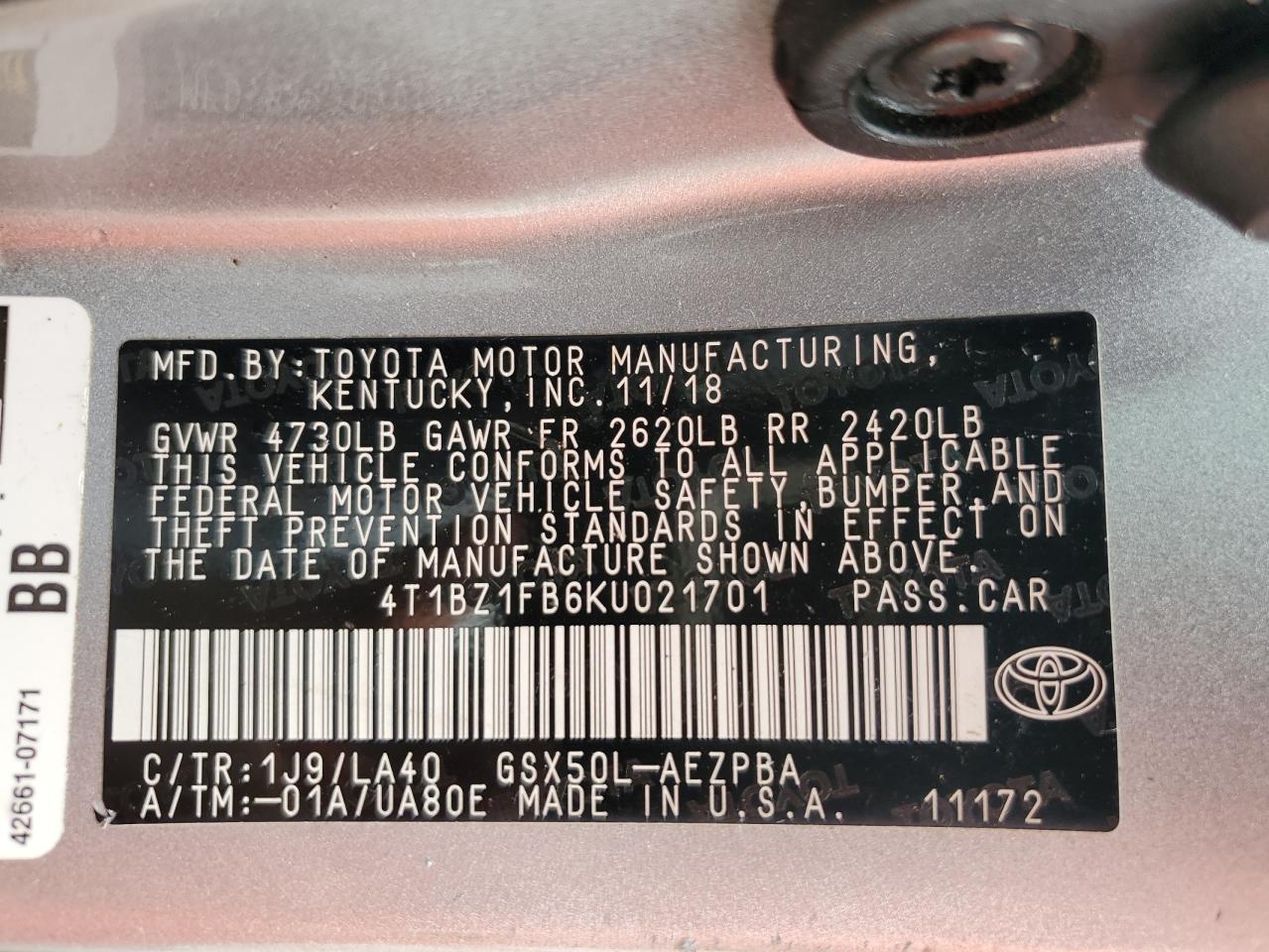 2019 Toyota Avalon Xle VIN: 4T1BZ1FB6KU021701 Lot: 70236225