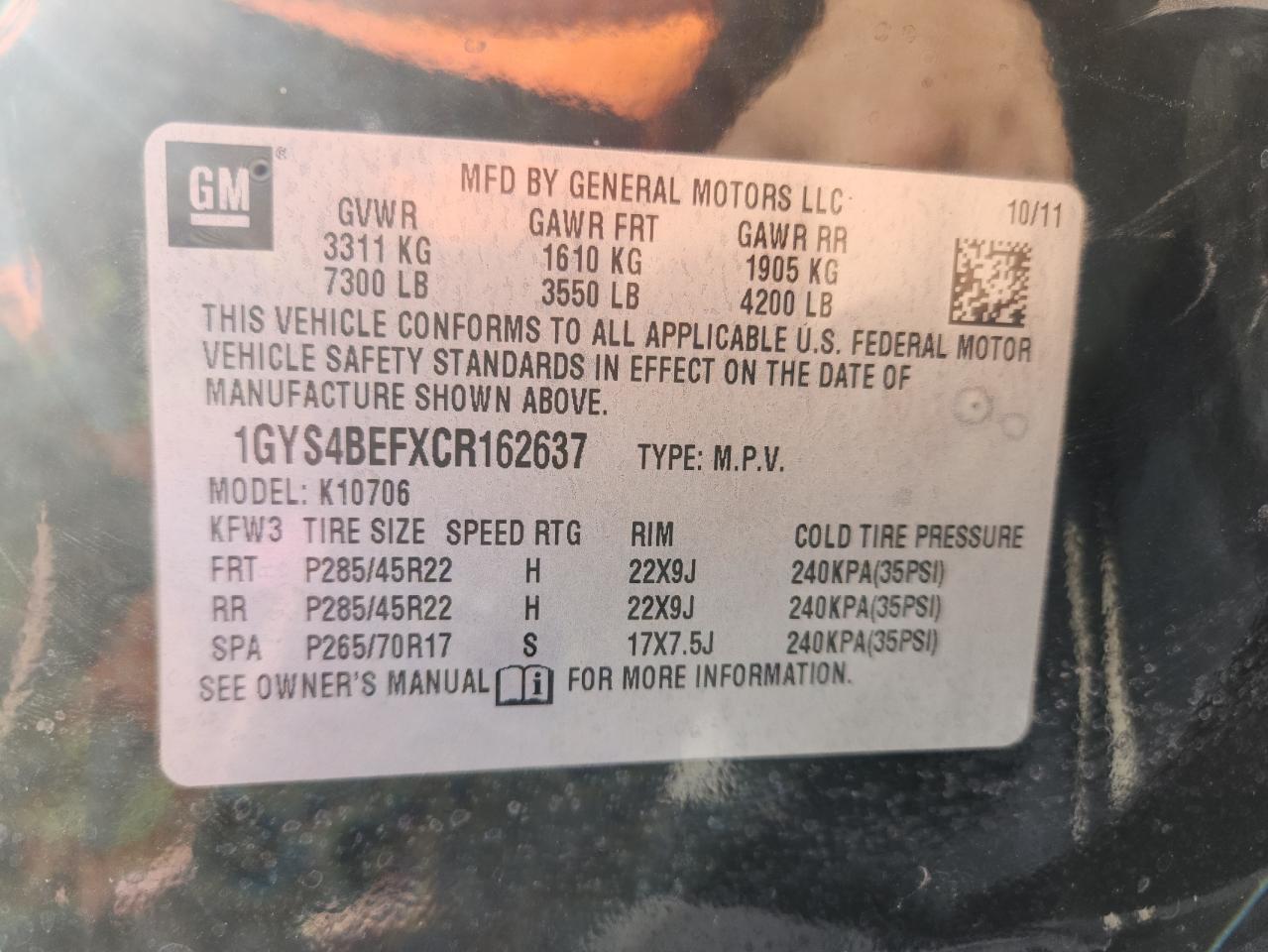 2012 Cadillac Escalade Luxury VIN: 1GYS4BEFXCR162637 Lot: 69895045