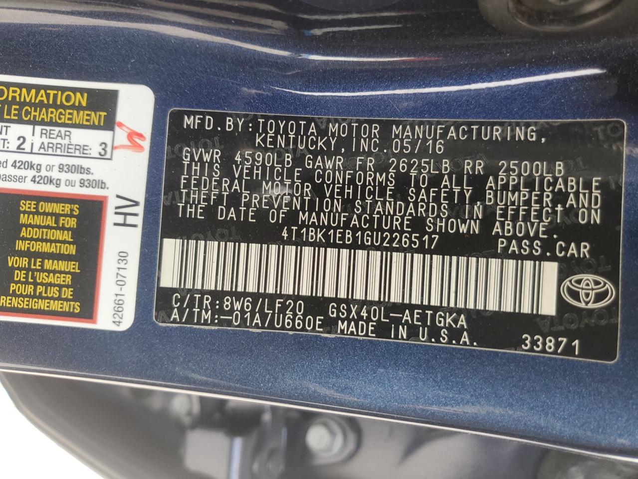 2016 Toyota Avalon Xle VIN: 4T1BK1EB1GU226517 Lot: 68253975