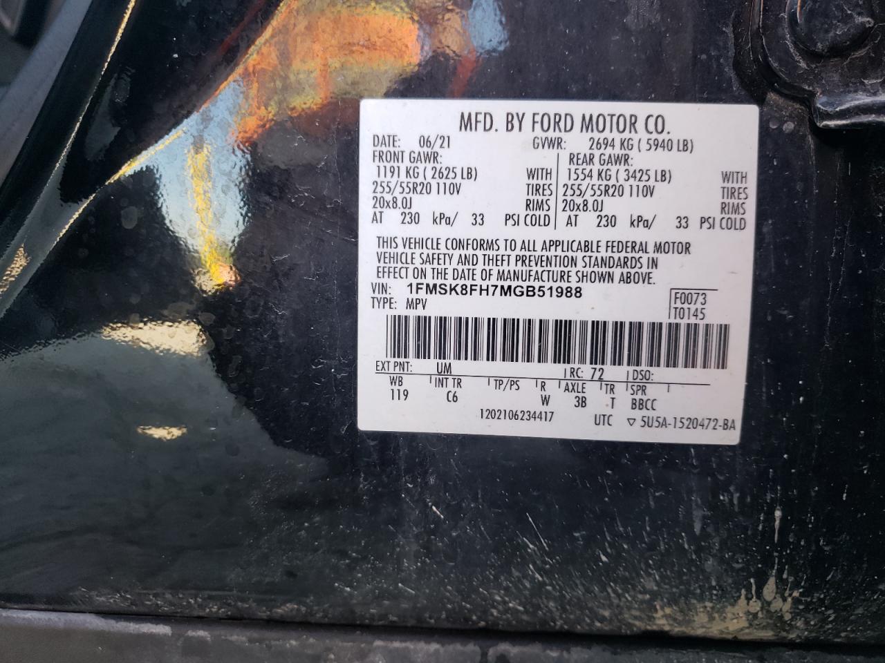 2021 Ford Explorer Limited VIN: 1FMSK8FH7MGB51988 Lot: 67810865